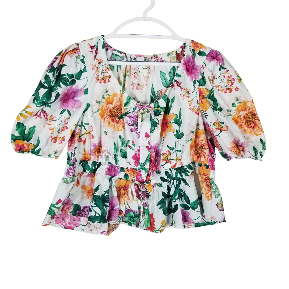 Joie Floral Blouse Women XL White Multicolor Puff Sleeve Cotton Peplum Top